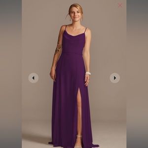 cowl neck chiffon dress with slit in plum